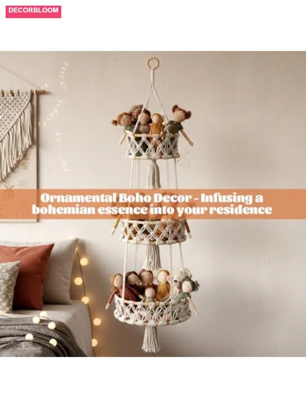3 Tier Hanging Fruit Basket Cotton Rope Hand-Woven Boho Wall-Mounted Storage